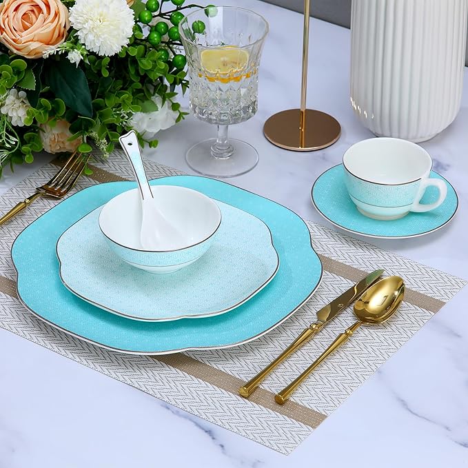 Blue 24 Piece Porcelain Dinnerware,Bone china set for 4,Plates and Bowls Sets With Silver checkered cross pattern, Highly Chip & Crack Resistant & Dishwasher (Light Blue + Checkered Cross)