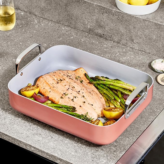 Caraway Roasting Pan - 16x13??Roasting Pan with Rack - Non-Stick Ceramic Coated - Non Toxic, PTFE & PFOA Free - Oven Safe & Compatible with All Stovetops - Navy