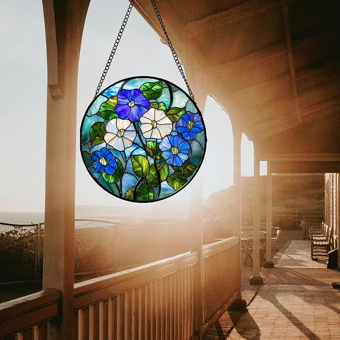 Stained Glass Window Hanging - Blue White Morning Glory Birth Flower Suncatcher for Door Garden Yard Sun Catchers Decor Christmas Mother's Day Birthday Gifts for Women Mom Nana Friend 9.8 in