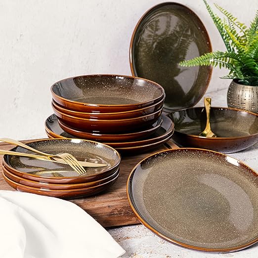 Gibson Elite Edwina 16-Piece Double Bowl Dinnerware Set, Service for 4 ??Dark Green Stoneware Plates and Bowls