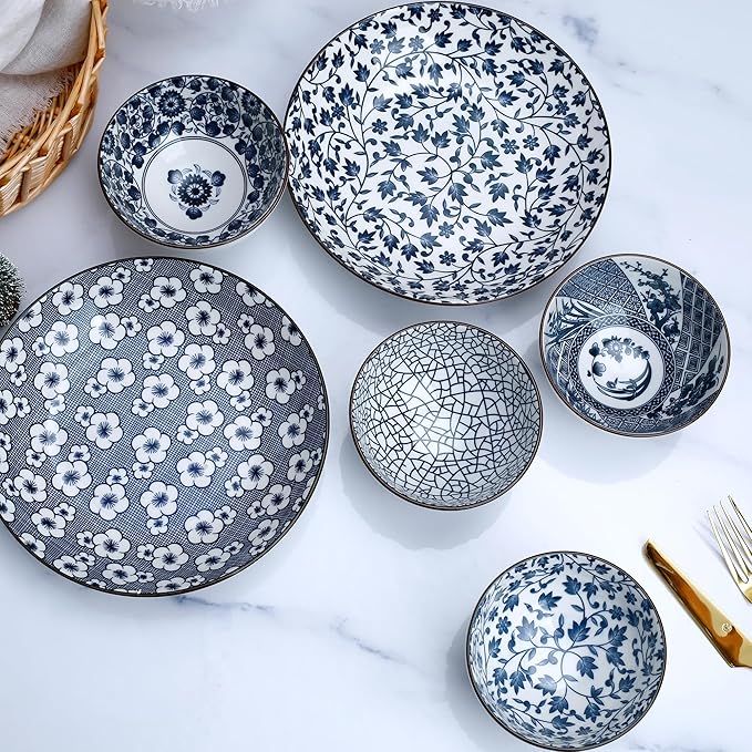 Cherry blossoms Ceramic Dinnerware Set for 2, 10-Piece Stoneware Plates and Bowls Microwave Safe, Elegant Blue Gift Box