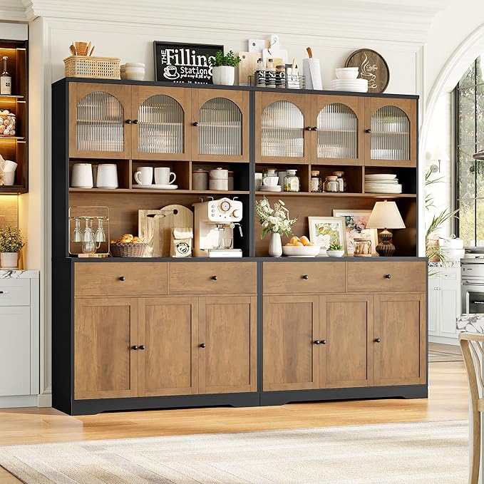 FINETONES 71" Pantry Cabinet, Tall Kitchen Pantry Storage Cabinet with Microwave Stand, Modern Kitchen Hutch Food Pantry with Open Countertop and Adjustable Shelf for Dining Room