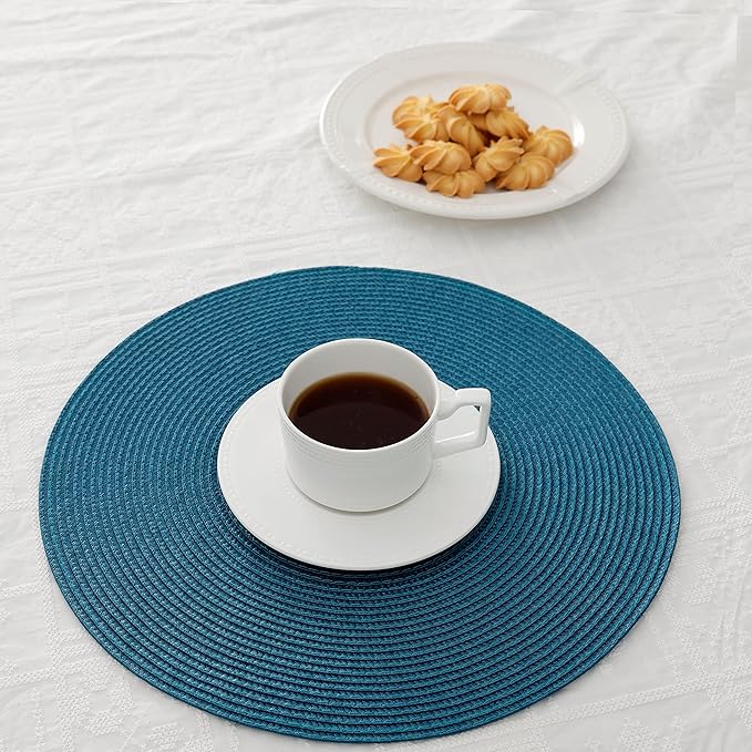 HODJOY Placemats Set of 6, Round Table mats for Indoor and Outdoor Dining Tables, Washable Woven Non-Slip Fall Placemats 15inch (Lake Blue)