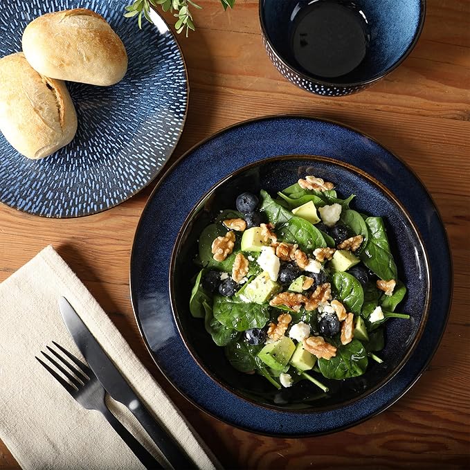 Gibson Elite Matisse 16-Piece Dinnerware Set ??Double Bowl Reactive Glaze Cereamic Stoneware in Blue ??Plates and Bowls Sets for 4, Microwave & Dishwasher Safe, Rustic Modern Design
