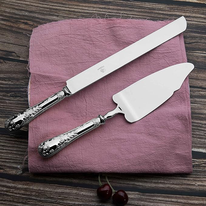 2 Piece Wedding Cake Server Set,18/10 Stainless Steel Dessert Set Pie Server Cake Cutter Knife for Birthday,Anniversary,Holiday,Baby Shower,Party (Versailles, Stainless steel-V)