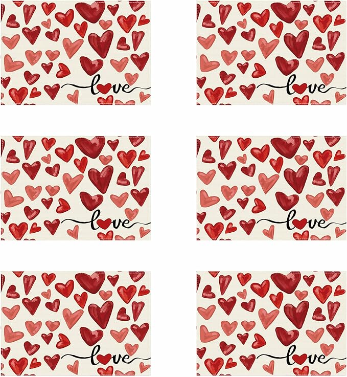 XCHI Watercolor Red Love Hearts Valentine?셲 Day Placemats Set of 6 Table Mats for Party Home Kitchen Dining Table Decorations 12x18 Inch