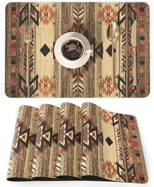 QIYI Placemats Set of 4, 12x18 Inch Faux Leather Place Mats for Kitchen Dinning, Heat Resistant Anti Slip Brown Table Mats, Waterproof Wipeable Washable Placemat Party Table D챕cor, Geometric Motifs
