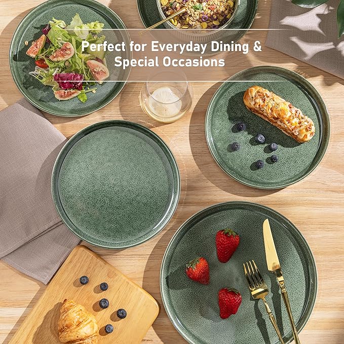 GBHOME Stoneware Dinnerware Sets for 8,Round Reactive Glaze Ceramic Plates and Bowls Set,Highly Scratch Resistant | Dishwasher & Microwave Safe Dishes Set,Service for 8(24Pcs),Dark Green
