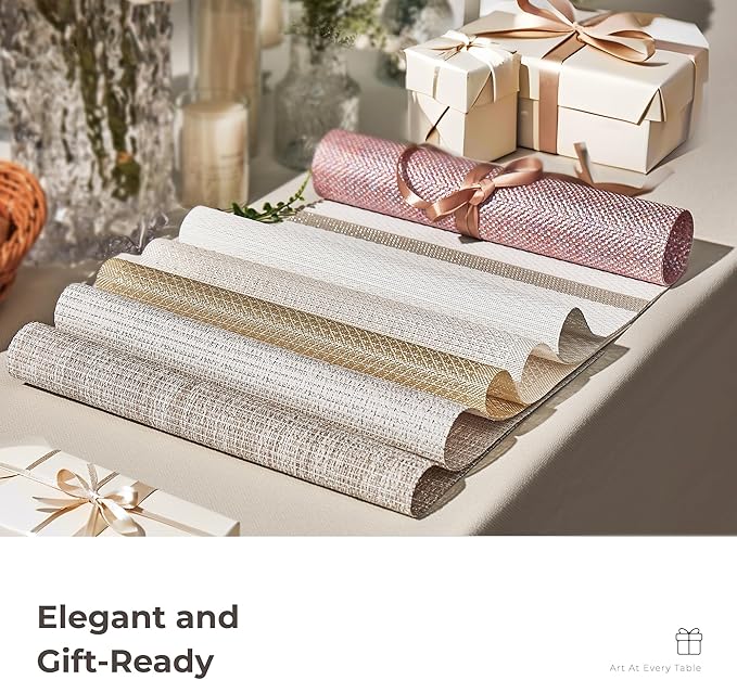 Leetaltree Luxury Beige and Gold Woven Placemats Set of 12 - Waterproof Washable Textured Table Mats for Wedding, Anniversary, Daily Use - Sparkling Metallic Thread Table Decor - Hand-Cut