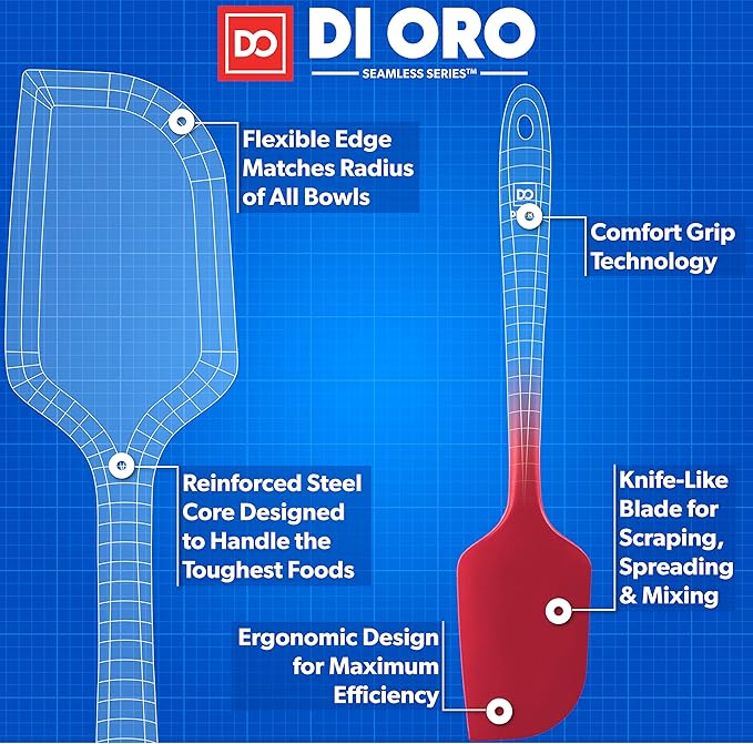 DI ORO - Large Silicone Spatula - 600쨘F Heat-Resistant Spatula - Seamless Design - Pro-Grade Non-Stick Silicone Rubber with Reinforced Stainless Steel S-Core Technology (RED)