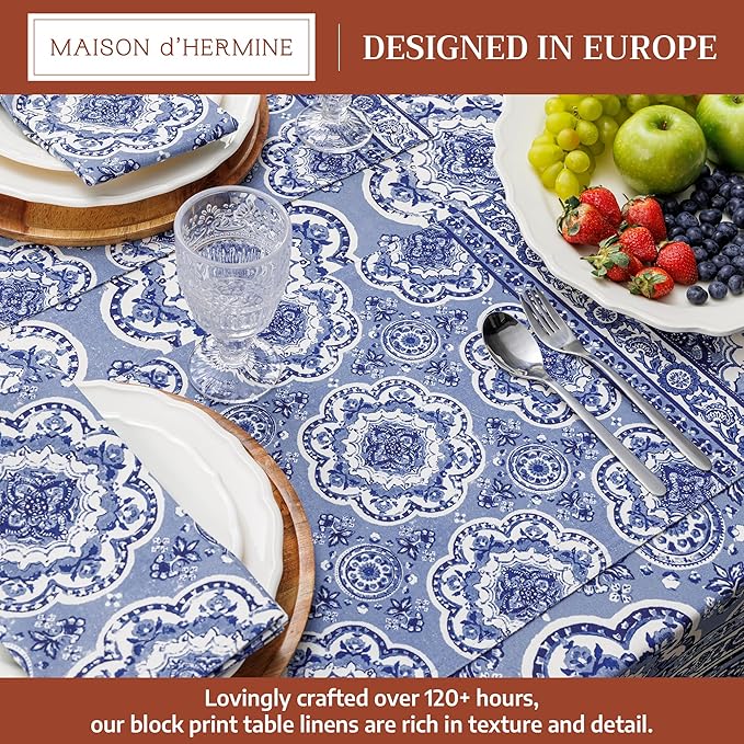 Maison d' Hermine Placemats Set of 2 100% Cotton Washable Cloth Place Mats, Reusable Table Mats for Kitchen Dining Decoration, Party, Wedding, Restaurant Spring/Summer (Melodie Bleue, 13" x 19")