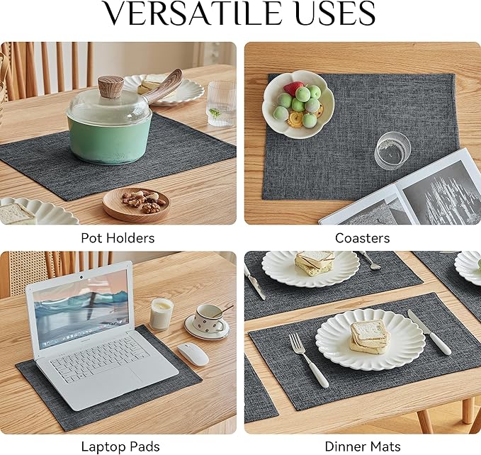 Softalker Faux Linen Placemats Set of 8-12 x 18 Inch, Heat Resistant Double Layered Durable Burlap Farmhouse Place Mats, Non-Slip Washable Rustic Table Mats for Dining, Kitchen, Party竊뉲ark Grey
