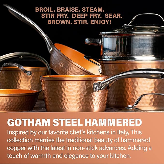 Gotham Steel Hammered Frying Pan Set, 3 Piece Nonstick Copper Fry Pans, 8?? 10??& 12??Skillet, Omelet Pan, Cookware, PFOA Free, Dishwasher Safe, Cool Touch Handle