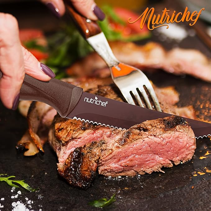 NutriChef 8 Piece Kitchen Knife Set - Multi-purpose Unbreakable Ergonomic Non-stick Stainless Steel Kitchen Steak Knives Set with Fully Serrated Blades - Great for BBQ Grill - NCSK8BW,Brown