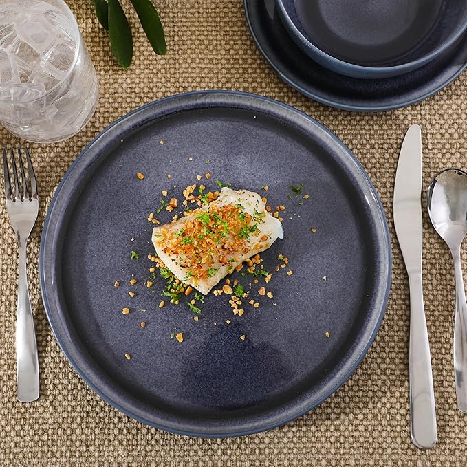 Gibson Elite Tahoe Sunset 12-Piece Reactive Stoneware Dinnerware Set ??Matte Exterior & Shiny Interior Plates and Bowls, Durable Everyday Dish Set, Microwave & Dishwasher Safe - Blue