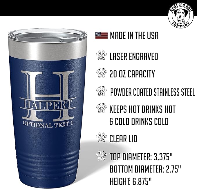 Personalized 20oz (17 Colors) Powder Coated Insulated Stainless Steel Tumbler with Lid, Custom Etched, Customized Engraved Gift Idea for Women Men Her Him, Halpert Monogram Initial Name (Navy Blue)
