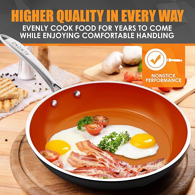 Almond Nonstick Ceramic Copper Frying Pan: Non Stick 8 Inches Skillet With Glass Lid - Round Aluminum Saute Pan for Gas, Electric and Induction Cooktops (8 Inch)