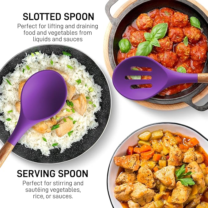 Zulay Kitchen Non-Stick Cooking Utensils Set with Authentic Acacia Wood Handles ??5-Piece Durable & Stylish Silicone Kitchen Utensils Set ??Heat Resistant to 464째F ??Purple