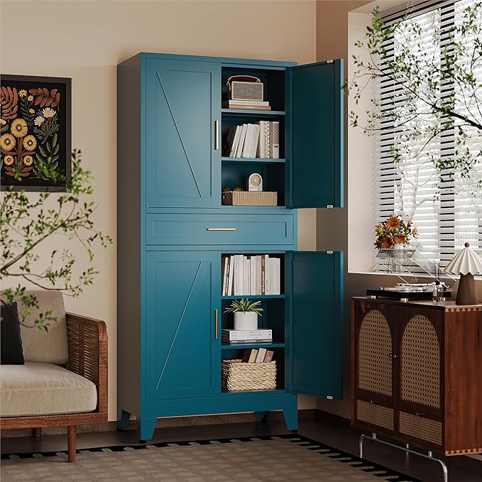 71"H Metal Kitchen Pantry Cabinet with Drawers,Blue Kitchen Storage Cabinets with Doors,Farmhouse Pantry Food Storage Cabinets,Tall Pantry Cabinets,Large Freestanding Cabinets for Dining Room