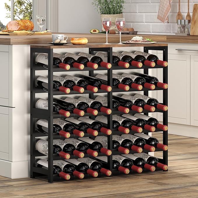 6 Tier Bamboo Wine Rack Freestanding Floor, 24 Bottles Wine Storage Shelves with Table Top, Stackable Wine Display Rack for Kitchen, Bar, Dining Room, Rustic Brown and Black
