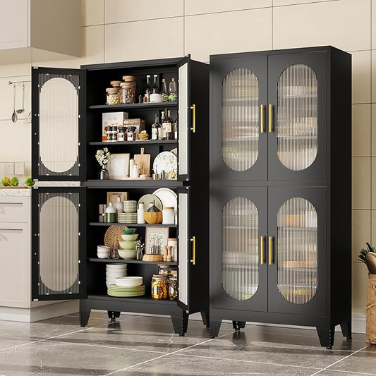 Pantry Storage Cabinet, 61" Pantry Cabinets with Acrylic Glass Doors and Adjustable Shelves, Metal Kitchen Pantry Cabinet for Kitchen, Living Room, Laundry Room and Dinning Room