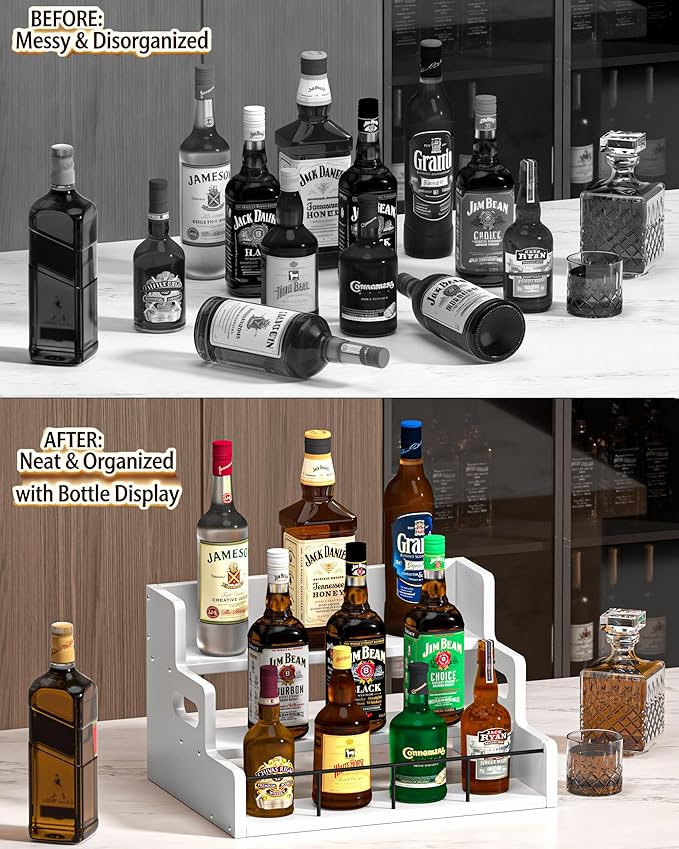 Liquor Bottle Display Shelf,Wood Syrup Organizer Rack,3 Step Countertop Organizer Wine Rack,Rustic Coffee Station Accessories for Syrup (White)