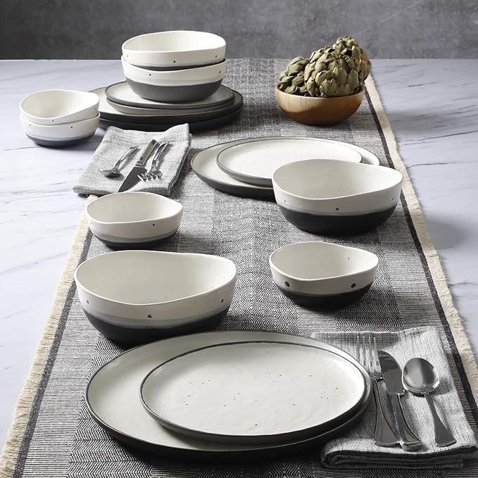 Gibson Elite Rhinebeck 16-Piece Double Bowl Dinnerware Set, Service for 4 ??White and Black Stoneware Plates and Bowls