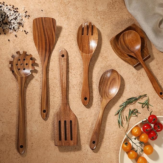 Wooden Spoons for Cooking, 12 Pcs Nonstick Wooden Cooking Utensils Set with Comfort Grip ??100% Natural Teak Wood - Sturdy, Lightweight & Heat Resistant Kitchen Utensils