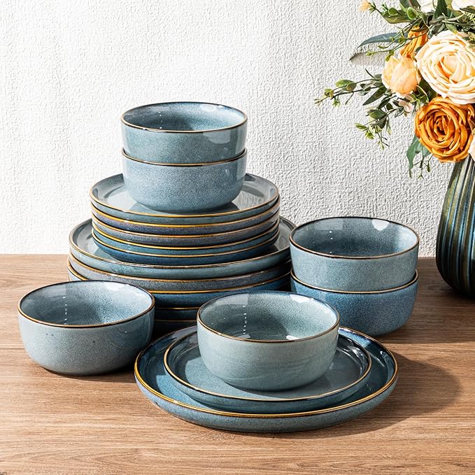 GBHOME Ceramic Dinnerware Sets for 8, 24 Pieces Stoneware Plates and Bowls Sets, Scratch Resistant Dishes, Dishwasher & Microwave Safe, Reactive Glaze-Space Blue