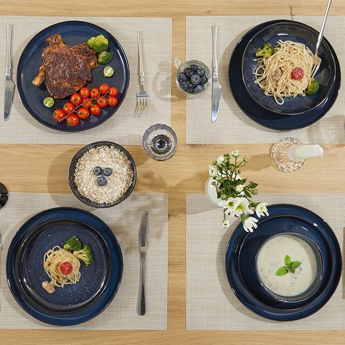 32 Piece Starry Blue Dinnerware Set with Pasta Bowls, Coastal Reactive Glaze Stoneware for 8 | Complete Serving Set for Holiday Meals, Multi?멏ish Hosting & Family Celebrations