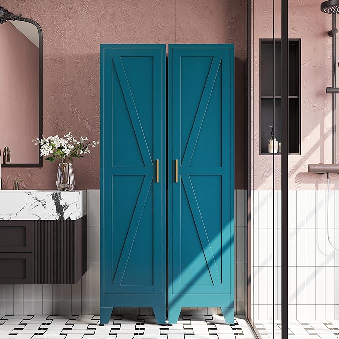 67?쏦 Blue Narrow Kitchen Cabinet, Metal Skinny Pantry Storage Cabinet,Tall Narrow Bathroom Storage Cabinet with Adjustable Shelves,Slim and Thin Pantry Cabinets for Living Room Dining Room