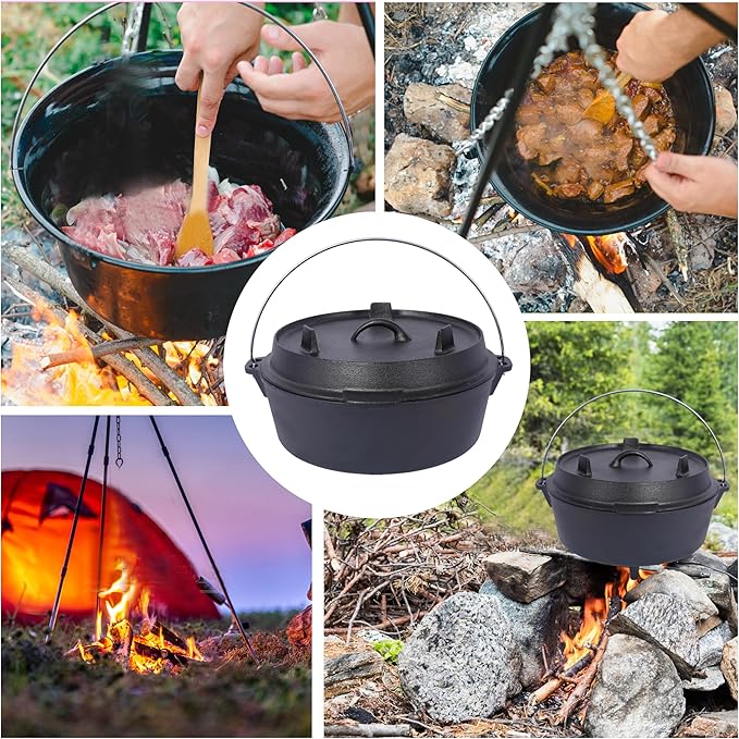 Cast Iron Camping Dutch Oven with Lid Lifter and Rack, 2-In-1 Pre-Seasoned Skillet Lid Cooking Pan with Pull Ring, Use on the Stove, on the Grill, Campfire & Stovetop Safe, 4.5 Quart/6 Quart/8 Quart/12 Quart (12 QT with Lid lifter & Rack)