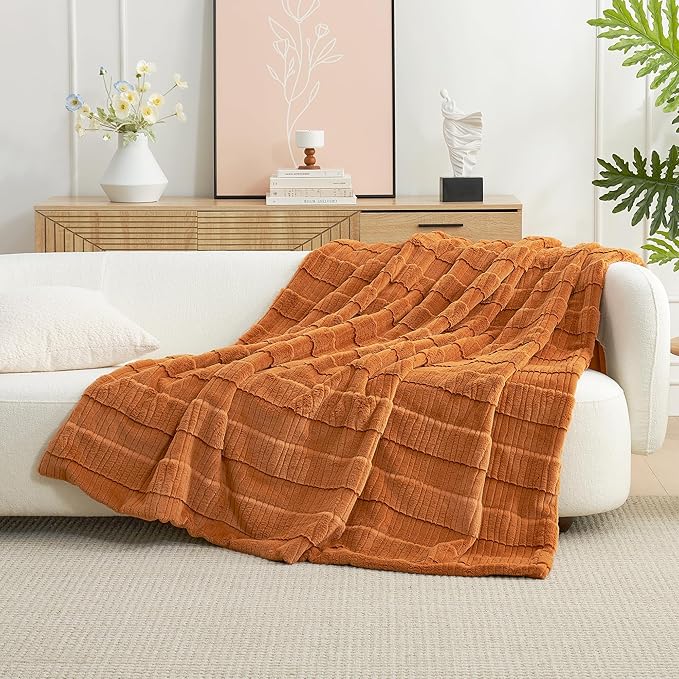 Am챕lie Home Luxury Striped Faux Fur Throw Blanket for Couch, Soft Cozy Fuzzy Fluffy Soft Plush Blankets Sofa Chair Gift Blankets for Women, 55"x70", Brown