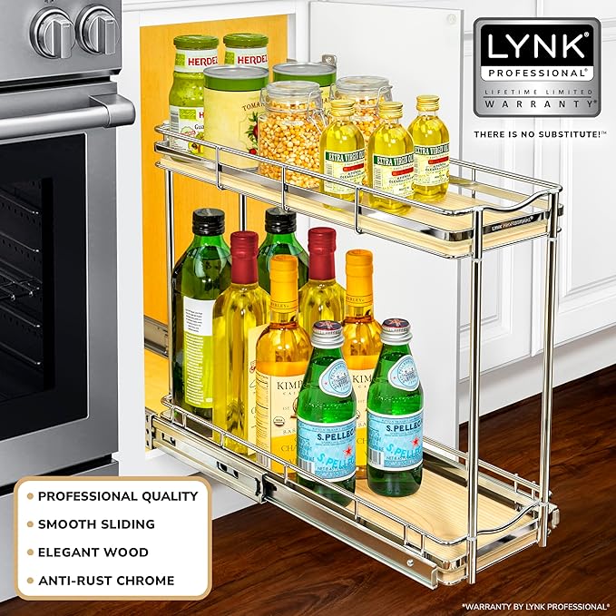 LYNK PROFESSIONAL짰 횋lite??Pull Out Spice Rack Organizer for Inside Kitchen Cabinets - 6"x21" - Slide Out Drawer ??Wood/Chrome Sliding Spice Cabinet Organization Shelf Racks - 2 Tier