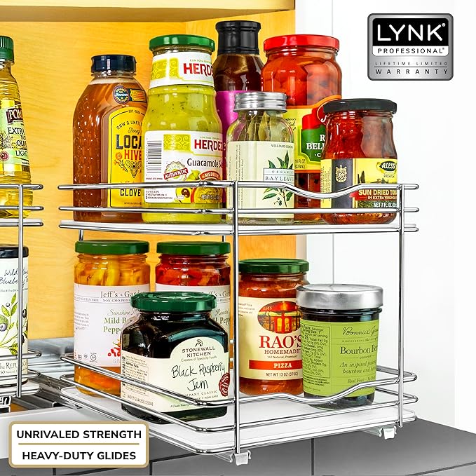 LYNK PROFESSIONAL짰 Pull Out Spice Rack Organizer for Inside Kitchen Cabinets - 8-3/8 inch Wide - Slide Out Drawer ??Chrome Sliding Spice Cabinet Organization Shelf Racks - 2 Tier