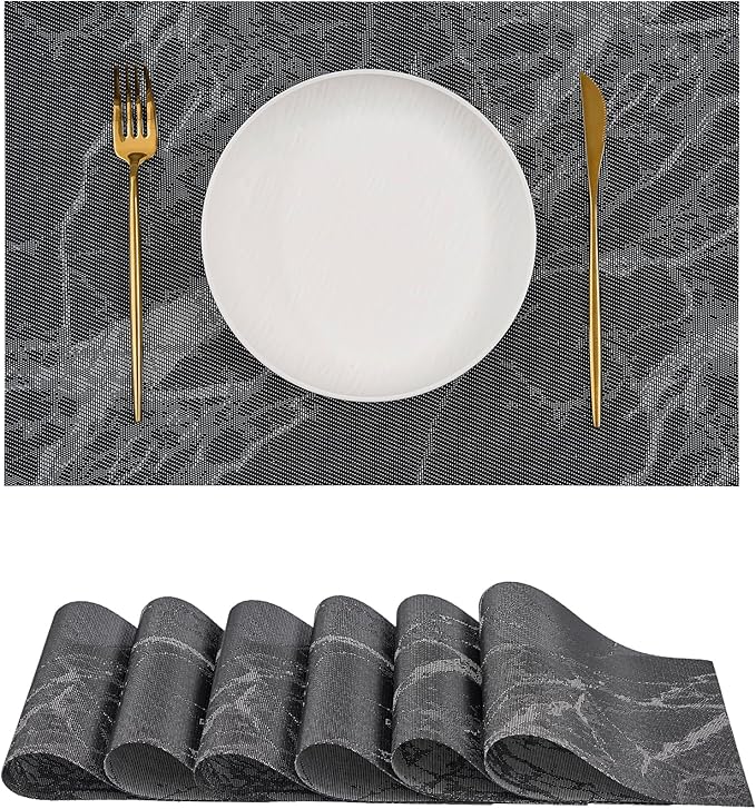 Leetaltree Reversible Marble Placemats Set of 6 - Ships Flat and Stays Flat, Durable Washable Vinyl PVC Placemats, Heat Resistant, Easy Wipe Clean (Black Marble Pattern)