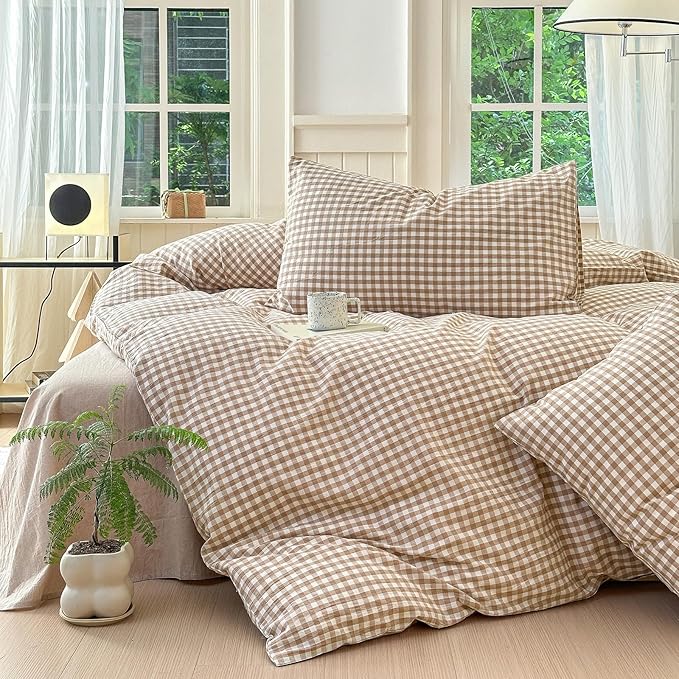LifeTB Tan Gingham Comforter Set Full Modern Style Beige Plaid Comforter Set 3 Pieces Soft Fluffy Grid Checkered Pattern Comforter with 2 Pillowcases Farmhouse Gingham Bedding Comforter Full