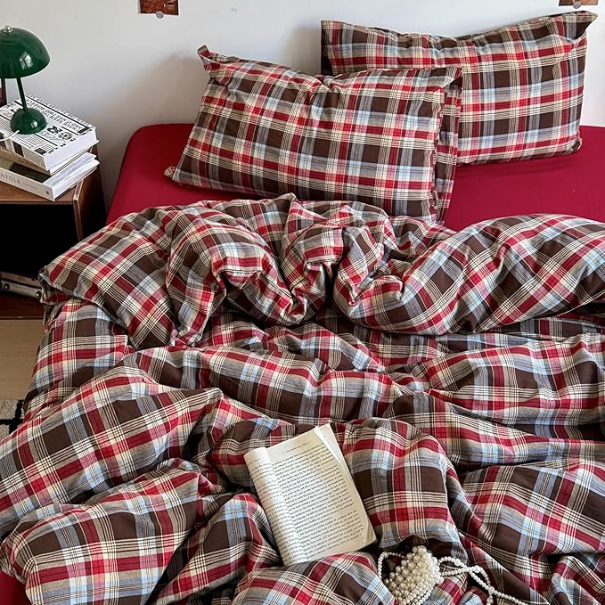 LifeTB Full Comforter Set Vintage Buffalo Plaid Comforter Set, 3 Pieces Red Brown Grid Checkered Comforter with 2 Pillowcases, Breathable Soft Farmhouse Grid Pattern Printed Plaid Gingham Bedding Set