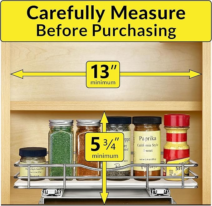 LYNK PROFESSIONAL짰 Pull Out Spice Rack Organizer for Inside Kitchen Cabinets - 12-3/8 inch Wide - Slide Out Drawer ??Chrome Sliding Spice Cabinet Organization Shelf Racks - 1 Tier