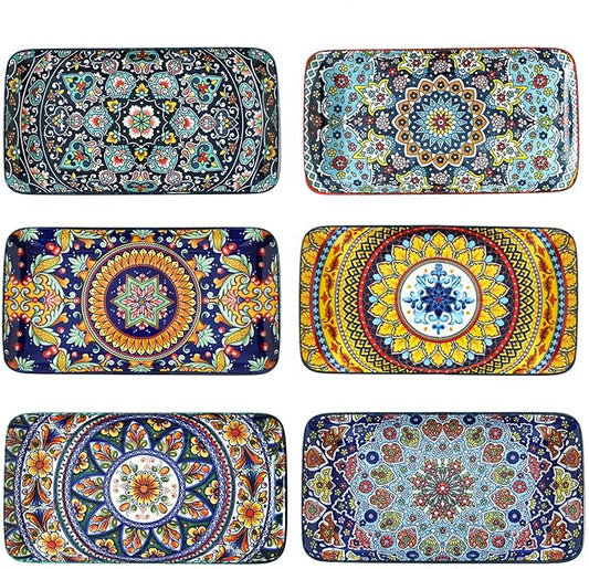glowworm 10.5 Inch Rectangular Dinner Plates, Ceramic Salad Plates Set of 6, Porcelain Serving Platters for Dessert, Appetizer, Microwave & Oven Safe, Bohemian