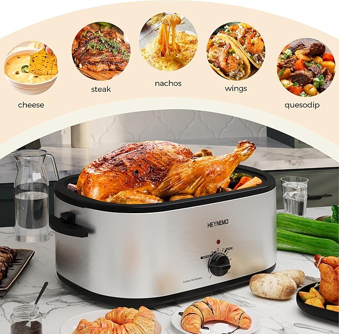 22 Quart Electric Turkey Roaster Oven with Self-Basting Lid Design, Large Stainless Steel Roaster Oven with Removable Pan & Rack, Silver
