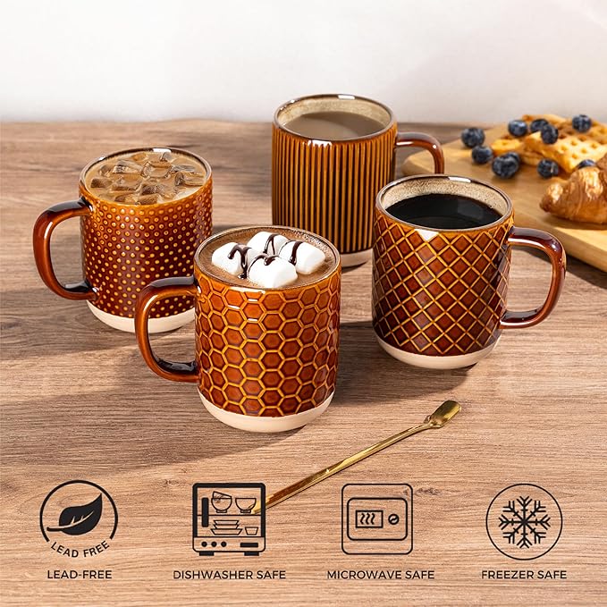 GBhome Large Coffee Mugs Set of 4, 12oz Handmade Stoneware Coffee Mugs Set with Large Handle for Cappuccino/Latte/Tea/Hot Cocoa, Dishwasher & Microwave Safe, Caramel