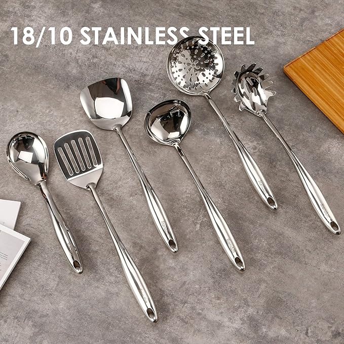 18/10 Stainless Steel Cooking Utensils Set with Holder, 7-Pieces All Metal Kitchen Utensils, 15?쇺?Long Kitchen Tools with Countertop Rotating Stand, Spatula, Ladle, Skimmer, Tunner, Pasta, Large Spoon