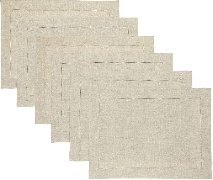 Solino Home Linen Placemats Set of 6 - Classic Hemstitch Natural Placemats 14 x 19 Inch - 100% Pure Linen Table Mats for Spring, Easter