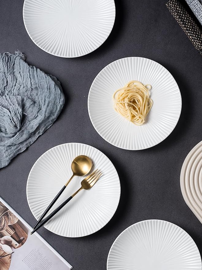 CLAY TONIC Set of 4-8.8 Inch Japanese Style Porcelain Round Dinner Plates, Versatile Circular Serving Plates for Pasta, Salad, Steak Dinner (White, 8.8 Inches)