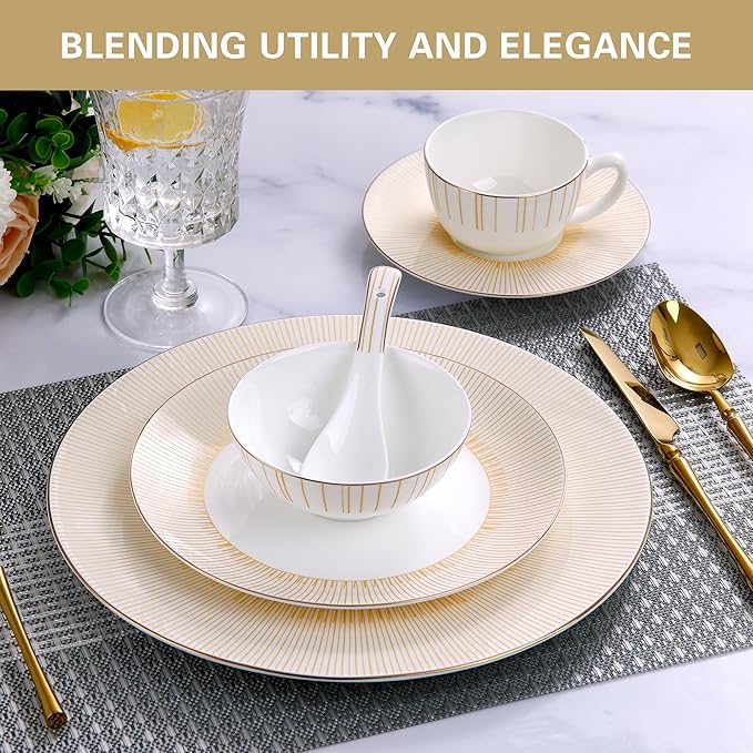 24 Piece White Porcelain Dinnerware Set for 4, Sunburst Design Plates and Bowls Sets with Gold Rim,Highly Chip and Crack Resistant | Dishwasher Safe Dishes Set