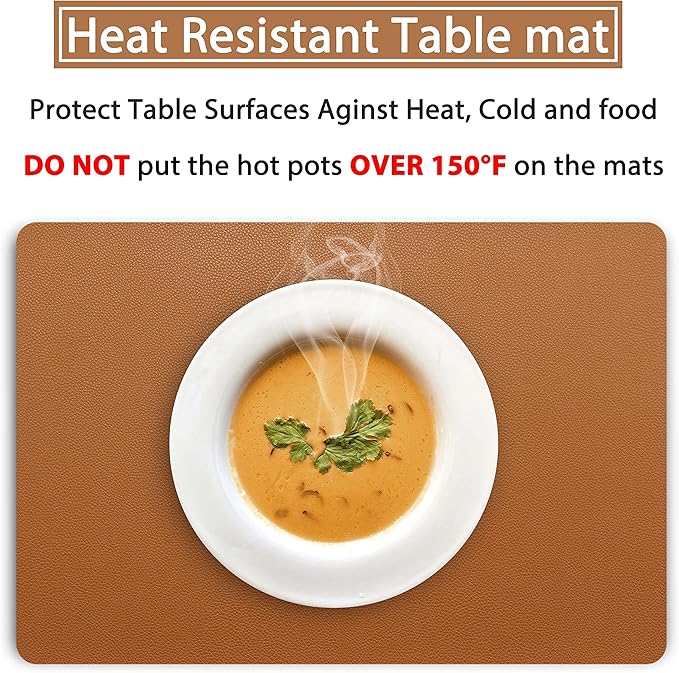 Wipeable Placemats Leather Table Mats Waterproof Heat-Resistant Easy to Clean for Dining Table Set Kitchen Table (6, Brown)