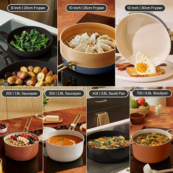 Our Place 17-Piece Essentials Complete Cookware Set - Ceramic Fry Pans, Saucepans, Saut챕 Pan, Stock Pot, Strainer Basket & Modular Storage | Thermakind??Nonstick, Oven Safe up to 450째F | Cream