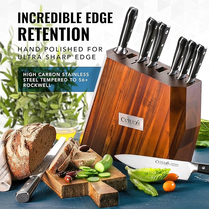 Cutluxe Kitchen Knife Set ??8 Pcs Professional Chef Knife Set with Block ??Razor Sharp Knives with Full Tang Design, High Carbon German Steel, Natural Acacia Wood Block ??Artisan Series