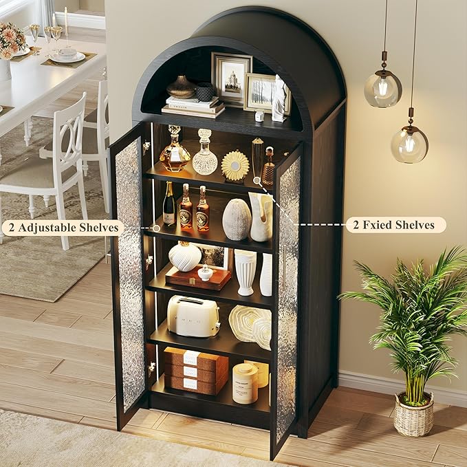 71" Tall Arched Cabinet with 3 Color Lights, Kitchen Pantry Storage Cabinet with Glass Doors & Adjustable Shelves, Modern 6-Tier Display Cabinets for Living Room, Dining Room, Black